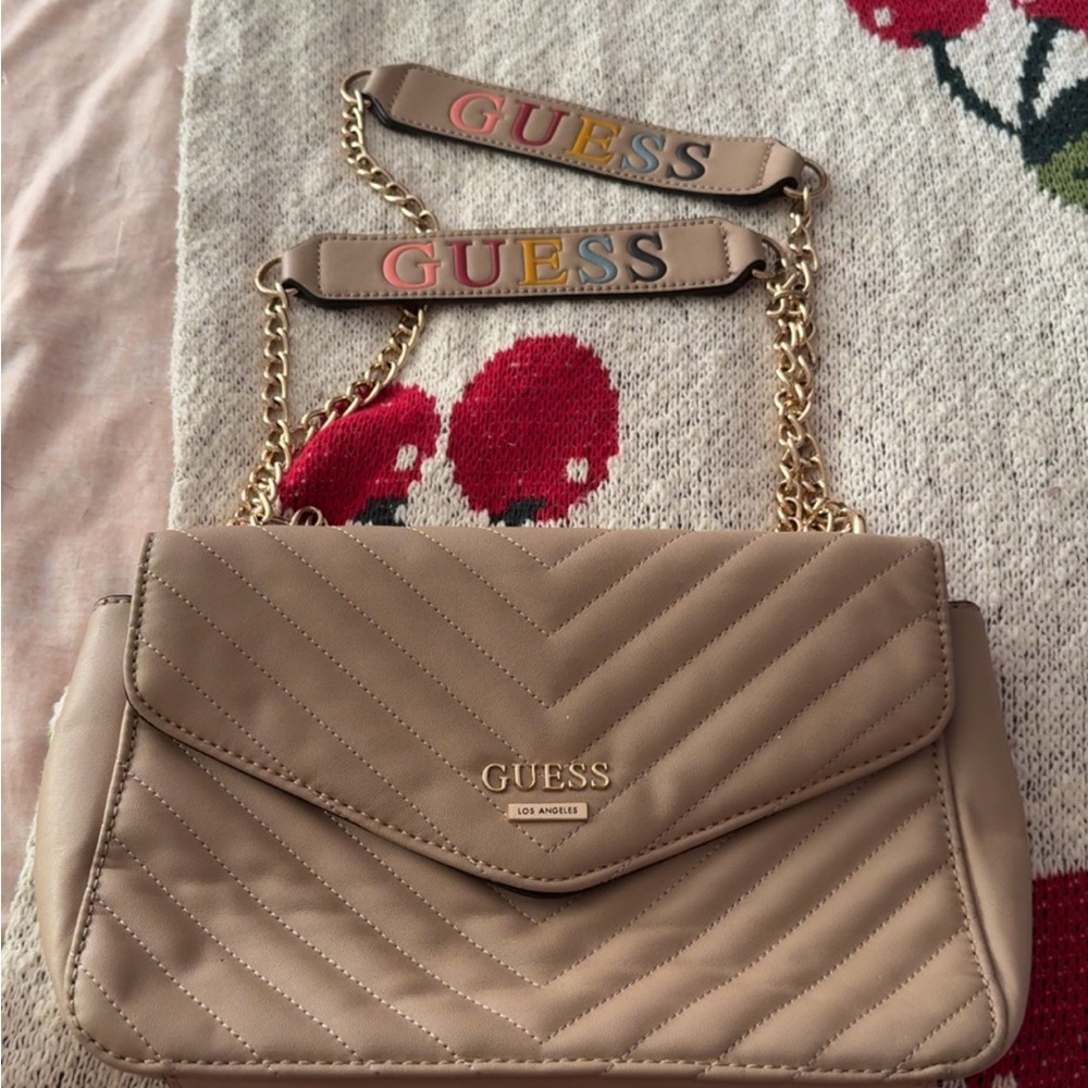 Guess Tan Crossbody Bag with Quilted Chevron Design